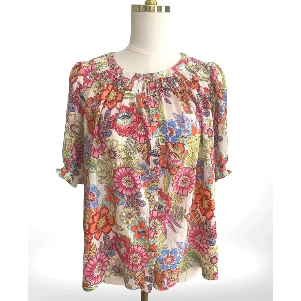 Rose & Olive Smocked Neck Floral Blouse M Ruffled 1/2 Sleeves Boho Peasant Indie